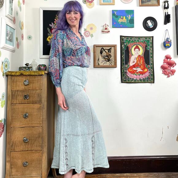 Vintage Mary Farrin Crochet Skirt, 1970s Blue & Silver Open Knit Maxi, Sz XS-S - Picture 2 of 10